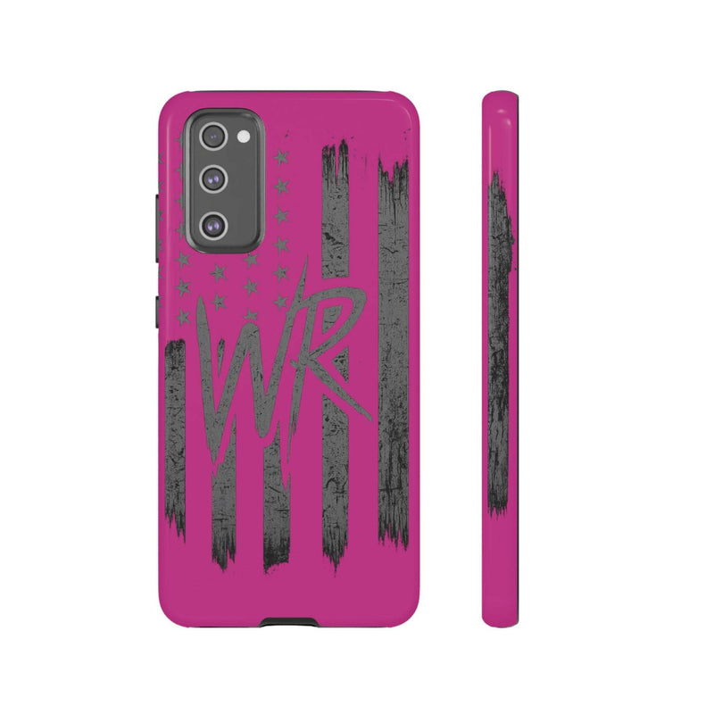Pink 'WR' Flag Tough Phone Case by Printify featuring a durable design and vibrant flag pattern on a protective case.