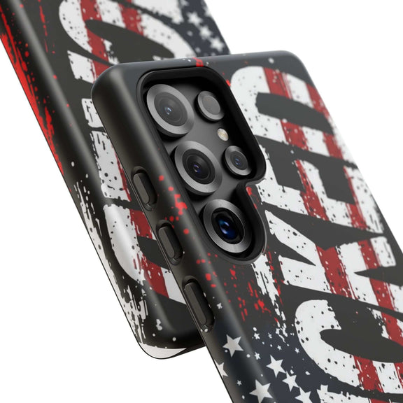 Distressed American Flag phone case with "VETERAN" graphic by Printify, showcasing rugged patriotic design and protection.