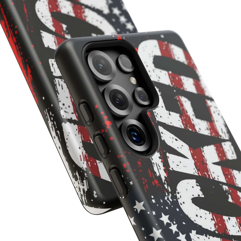 Distressed American Flag phone case with "VETERAN" graphic by Printify, showcasing rugged patriotic design and protection.
