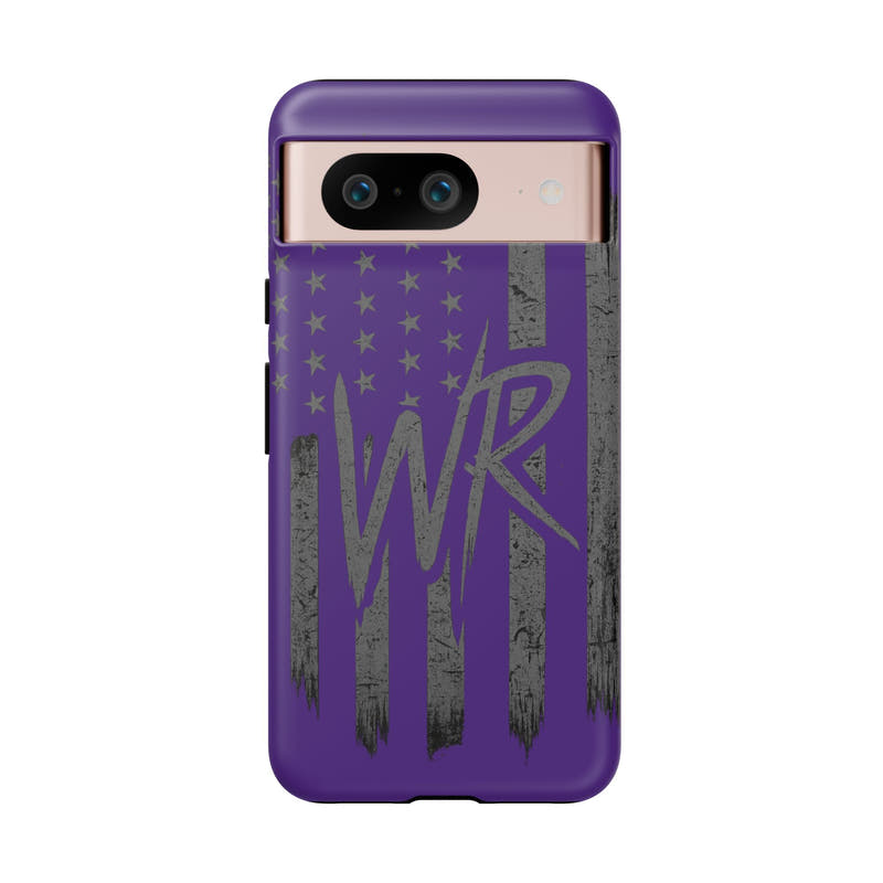 Purple 'WR' flag tough phone case by Printify, showcasing durable design and vibrant color on a smartphone.