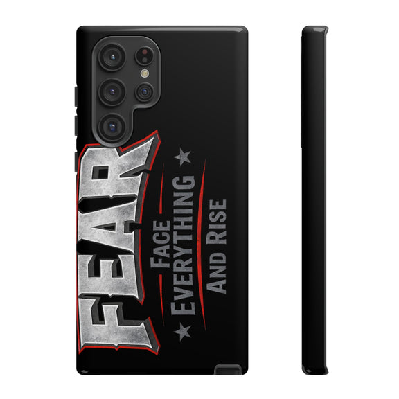 Fear phone case by Printify featuring a motivational design with the phrase "Face Everything and Rise" on a sleek background.
