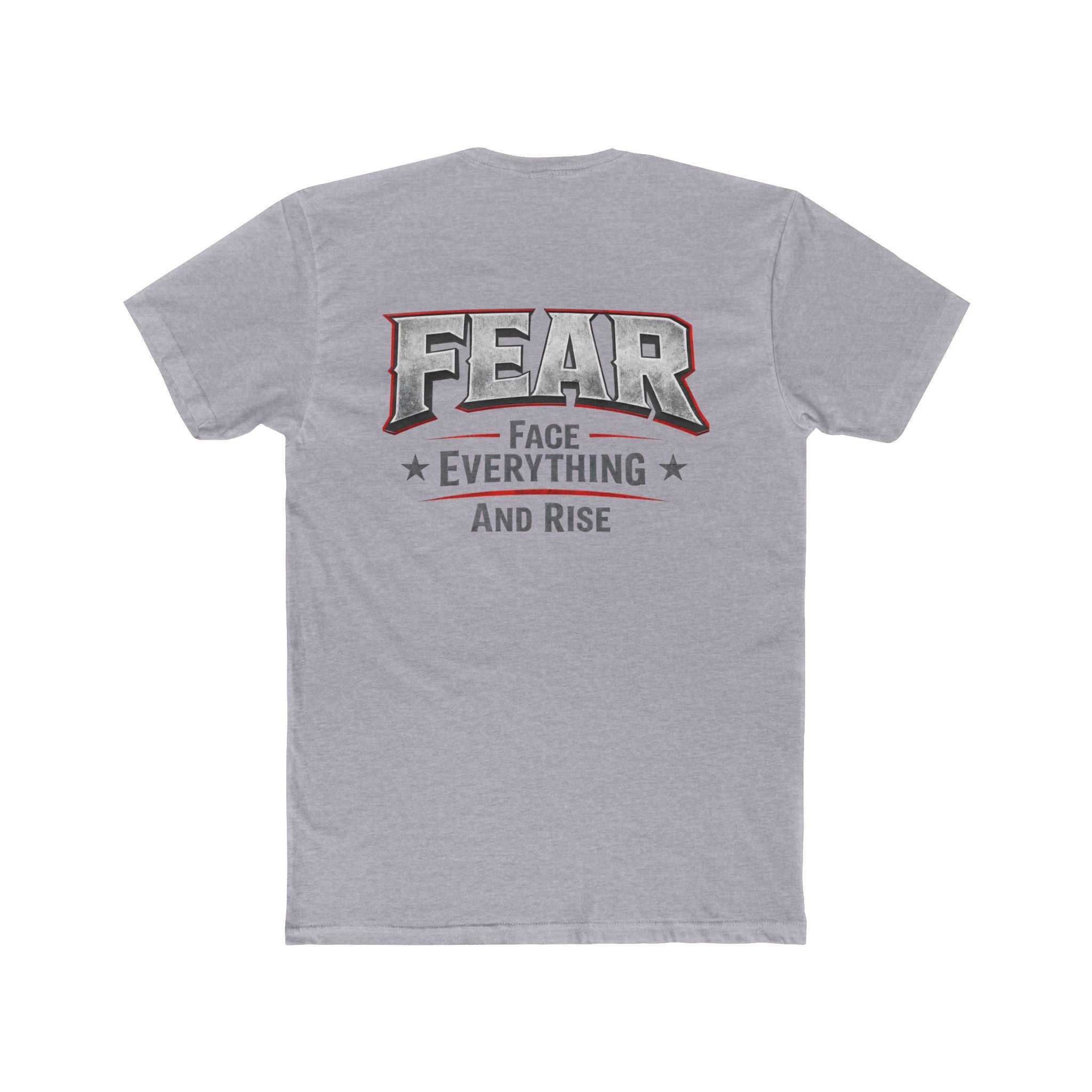 White crew tee featuring "FEAR Face Everything And Rise" text design by Printify, displayed on a flat surface.