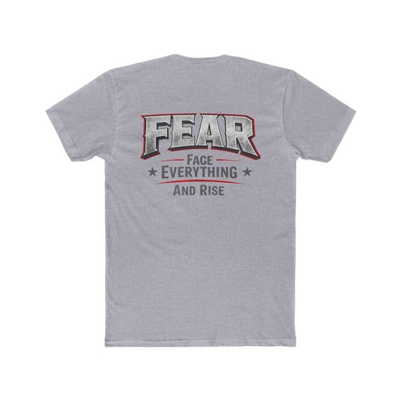 White crew tee featuring "FEAR Face Everything And Rise" text design by Printify, displayed on a flat surface.
