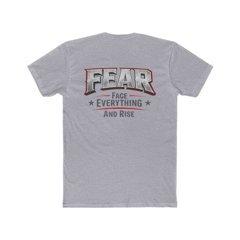White crew tee featuring "FEAR Face Everything And Rise" text design by Printify, displayed on a flat surface.