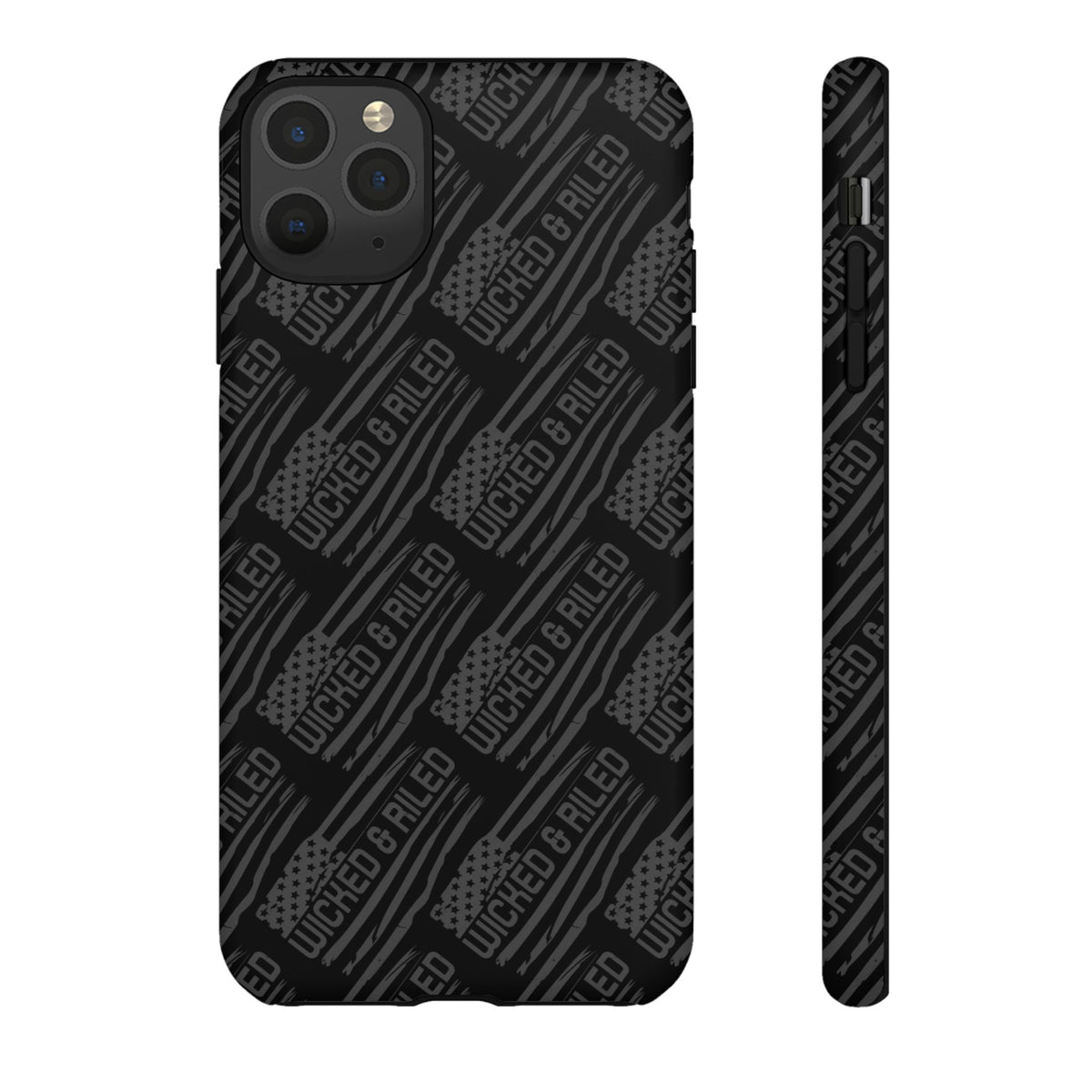 Rugged black protective phone case by Printify with a TOUGH CASES text pattern, designed for durability and style.