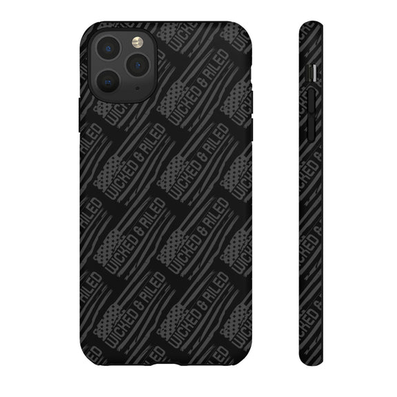 Rugged black protective phone case by Printify with a TOUGH CASES text pattern, designed for durability and style.
