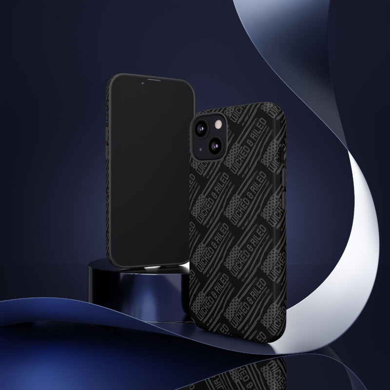 Rugged black protective phone case by Printify with a textured "TOUGH CASES" pattern for added grip and durability.