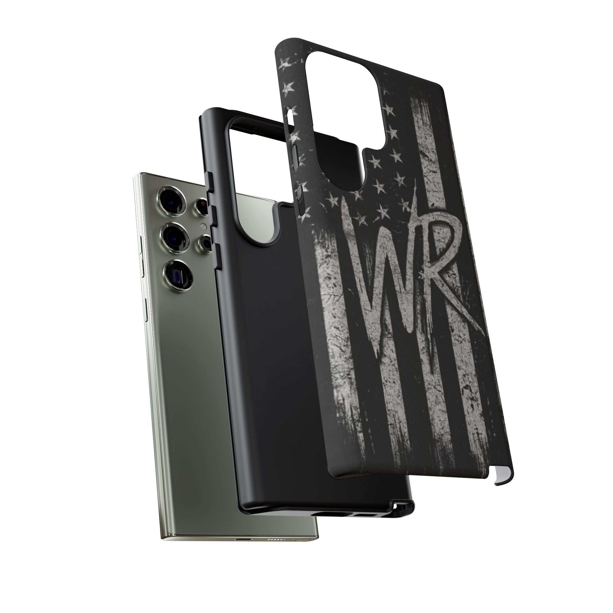 Distressed American flag design on a tough phone case with personalized WR monogram from Printify.