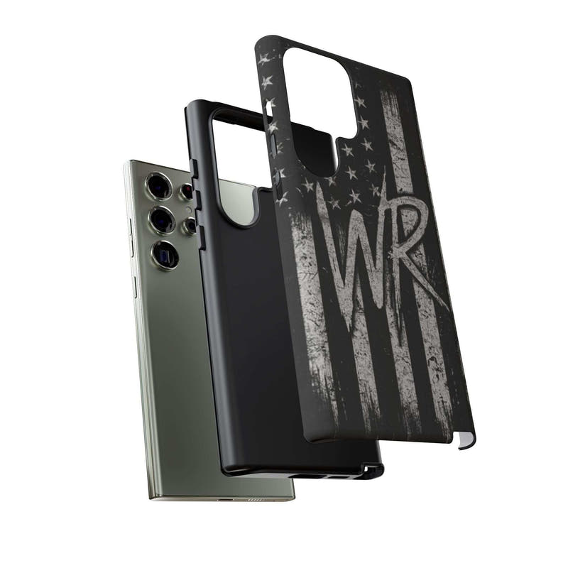 Distressed American flag design on a tough phone case with personalized WR monogram from Printify.