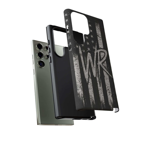 Distressed American flag design on a tough phone case with personalized WR monogram from Printify.