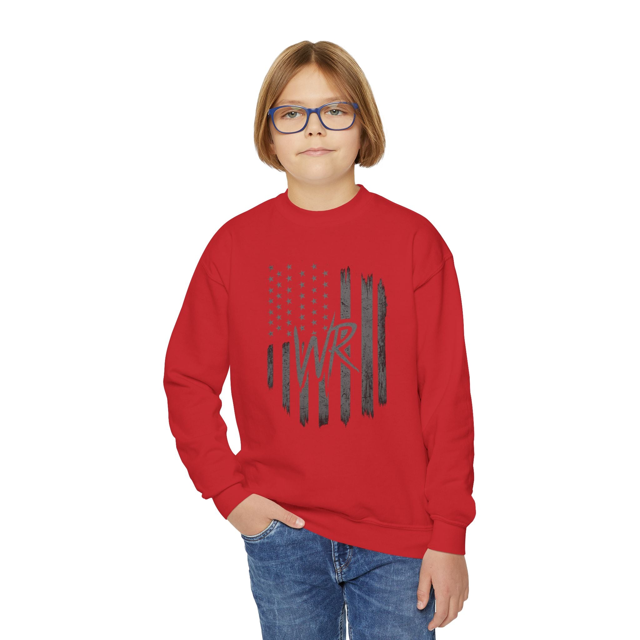 Youth Crewneck Sweatshirt Distressed American Flag with 'WR' Logo