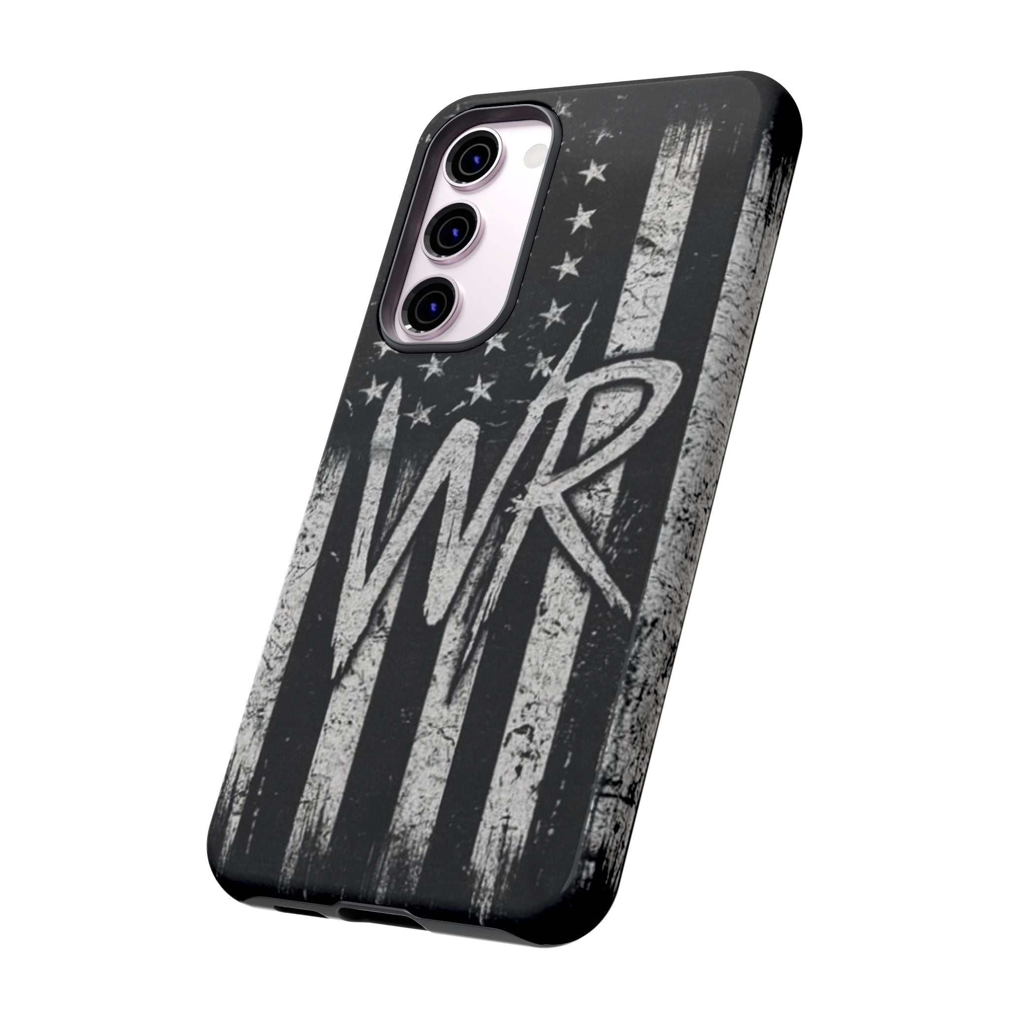 Distressed American flag phone case featuring a monogram WR by Printify, designed for tough protection and style.