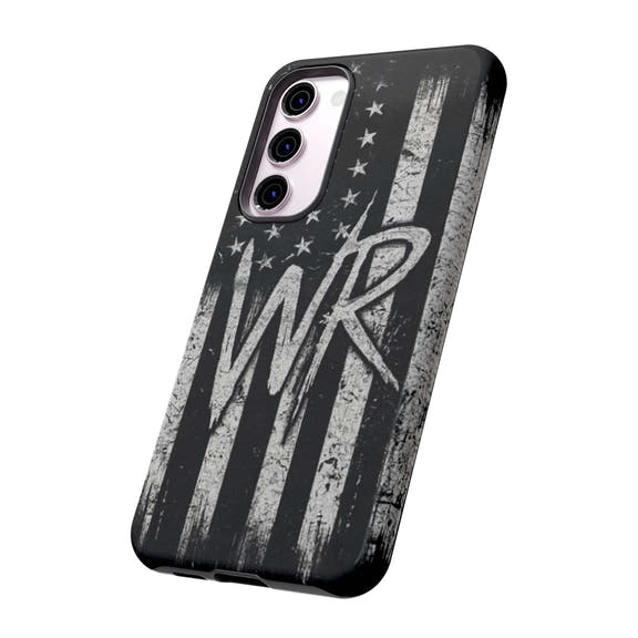 Distressed American flag phone case featuring a monogram WR by Printify, designed for tough protection and style.