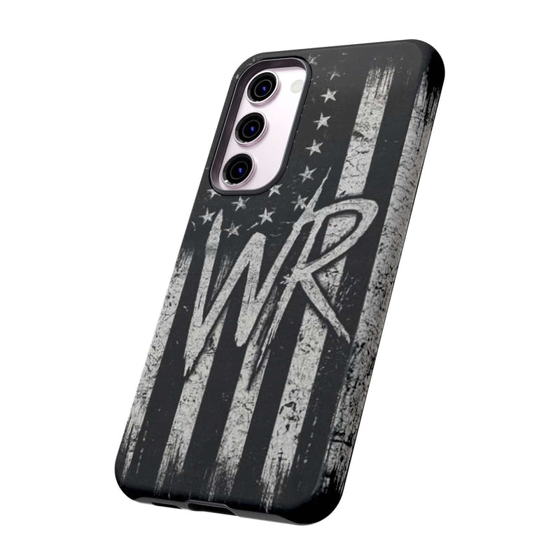 Distressed American flag phone case featuring a monogram WR by Printify, designed for tough protection and style.