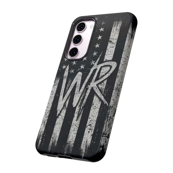 Distressed American flag phone case featuring a monogram WR by Printify, designed for tough protection and style.