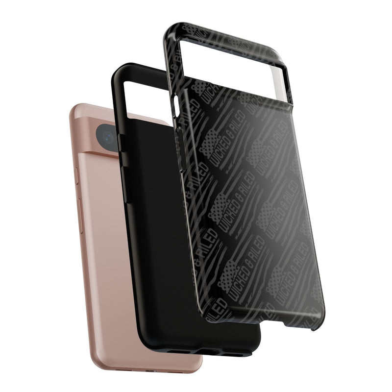 Rugged black protective phone case by Printify with a textured "TOUGH CASES" pattern for enhanced grip and durability.