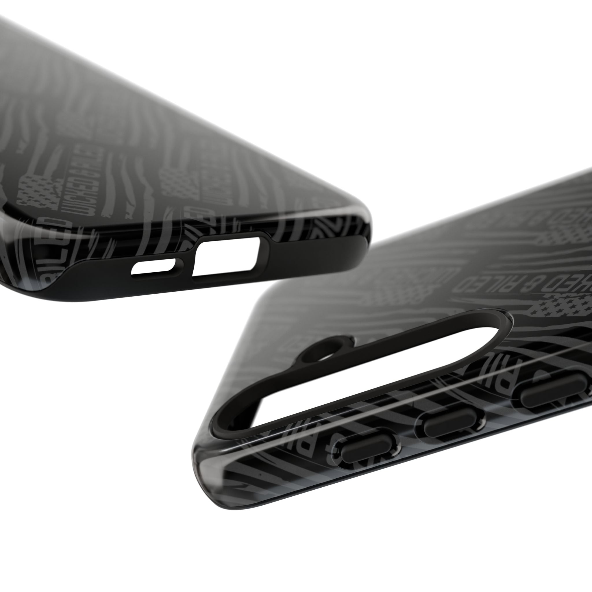 Rugged black protective phone case by Printify with "TOUGH CASES" text pattern, showcasing its durable design.