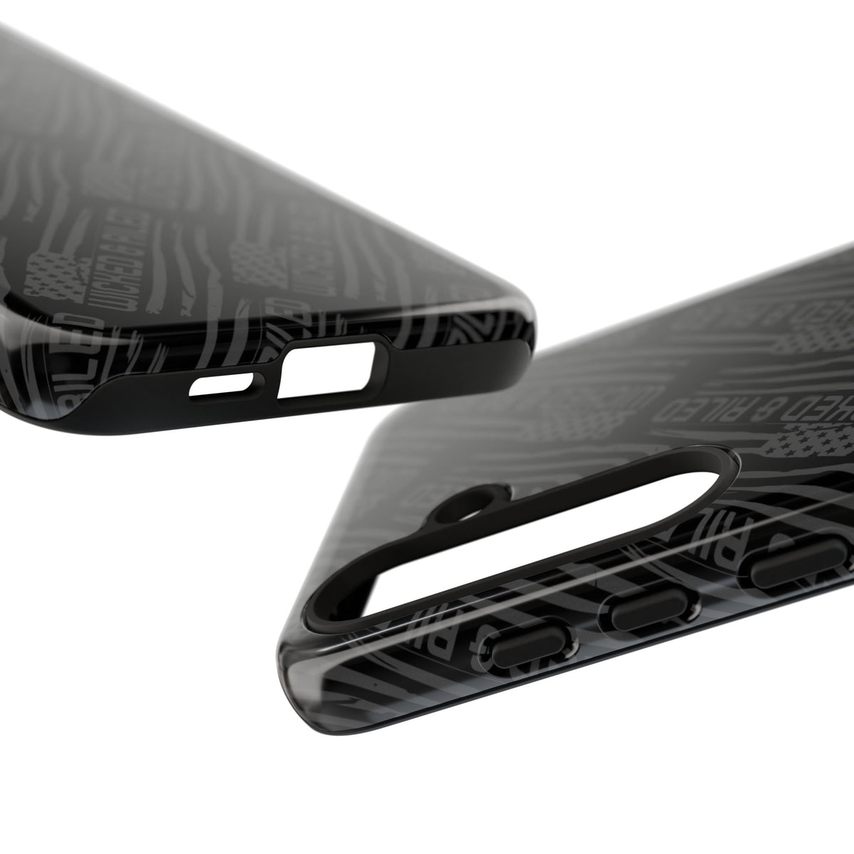 Rugged black protective phone case by Printify with "TOUGH CASES" text pattern, showcasing its durable design.