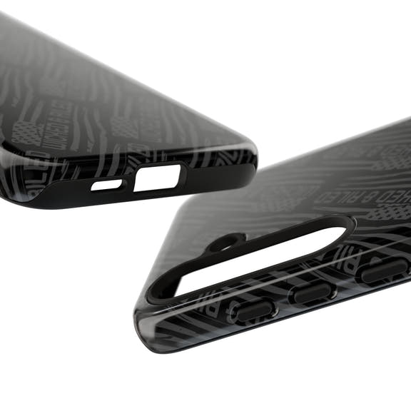 Rugged black protective phone case by Printify with "TOUGH CASES" text pattern, showcasing its durable design.