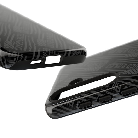 Rugged black protective phone case by Printify with "TOUGH CASES" text pattern, showcasing its durable design.