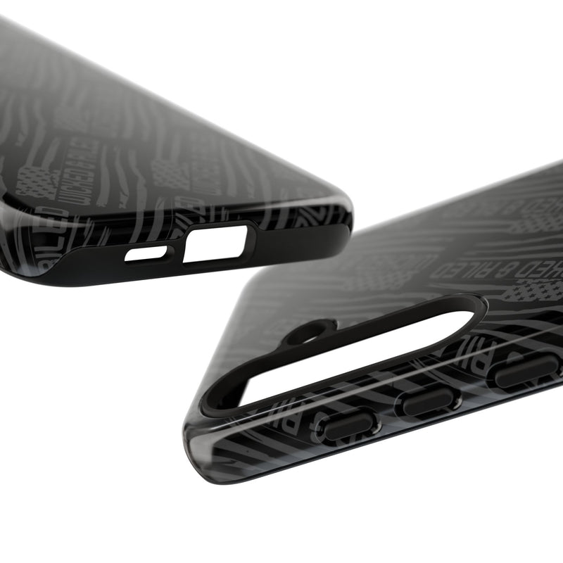 Rugged black protective phone case by Printify with "TOUGH CASES" text pattern, showcasing its durable design.