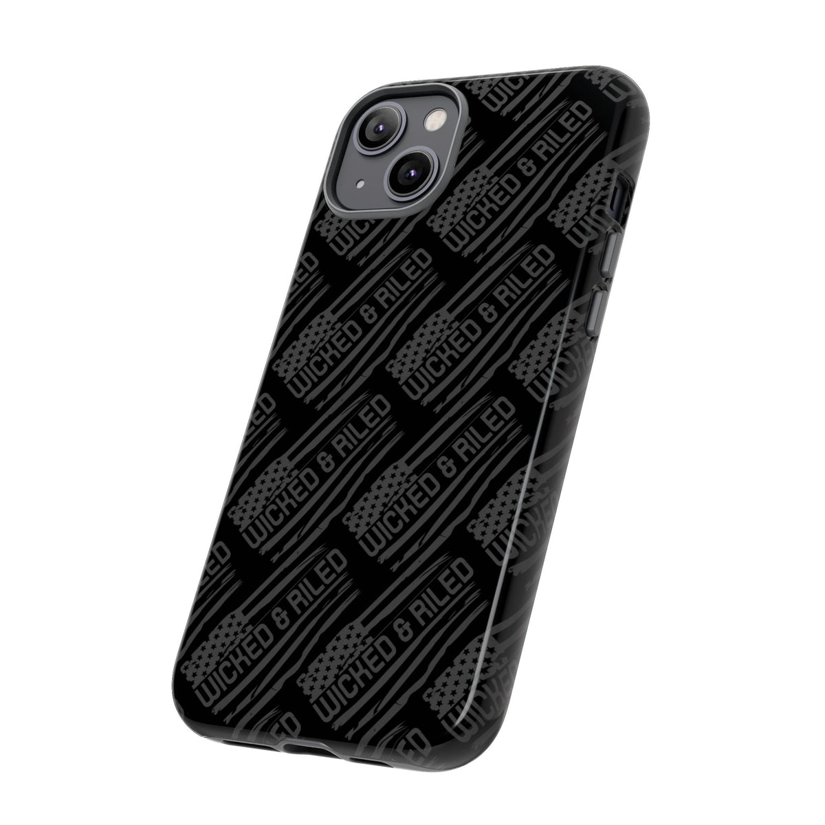 Rugged black protective phone case by Printify with a textured "TOUGH CASES" pattern displayed on the surface.