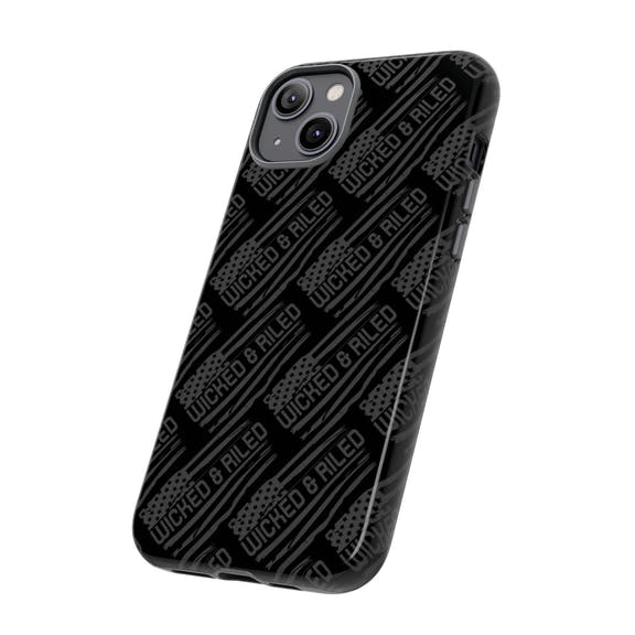 Rugged black protective phone case by Printify with a textured "TOUGH CASES" pattern displayed on the surface.