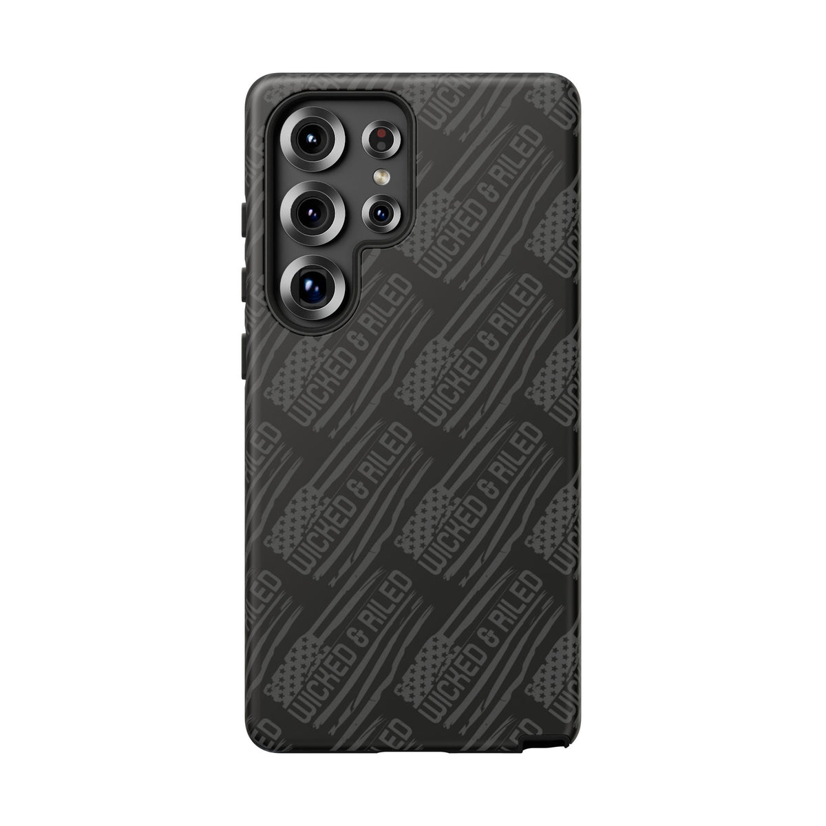 Rugged black protective phone case by Printify with a textured TOUGH CASES pattern, designed for durability and style.