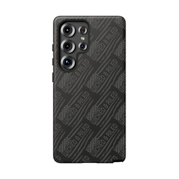 Rugged black protective phone case by Printify with a textured TOUGH CASES pattern, designed for durability and style.