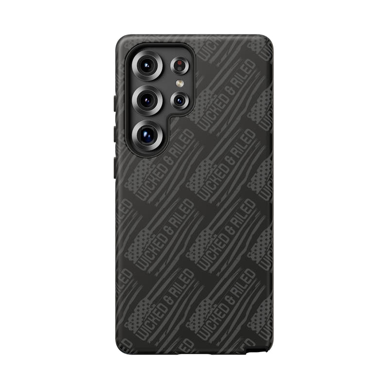 Rugged black protective phone case by Printify with a textured TOUGH CASES pattern, designed for durability and style.