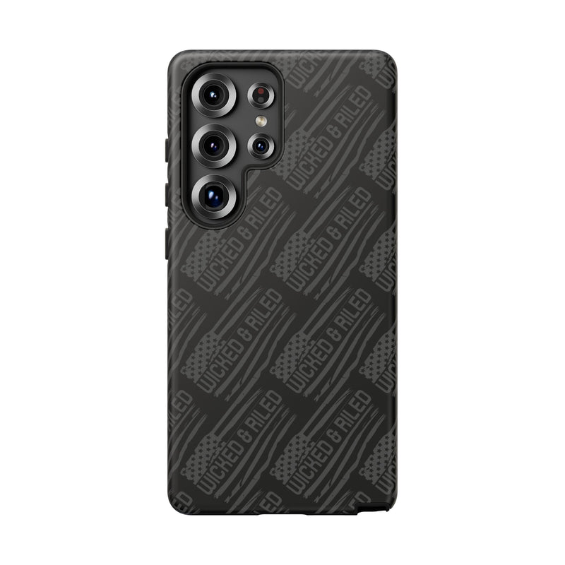 Rugged black protective phone case by Printify with a textured TOUGH CASES pattern, designed for durability and style.