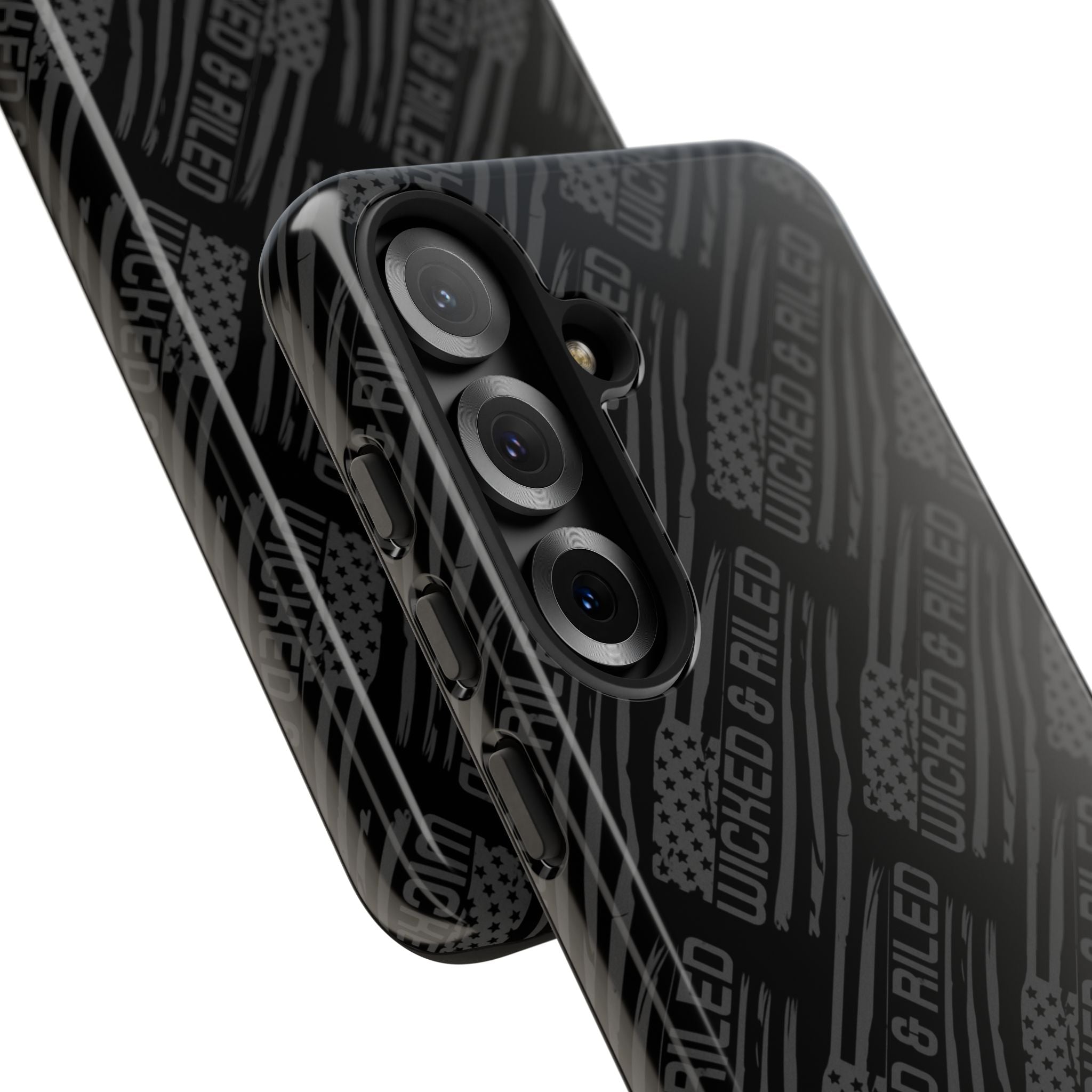 Rugged black protective phone case by Printify with a tough cases text pattern, showcasing its durable design.