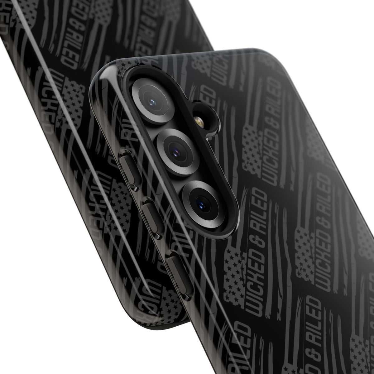 Rugged black protective phone case by Printify with a tough cases text pattern, showcasing its durable design.