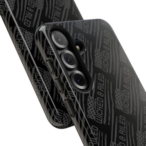 Rugged black protective phone case by Printify with a tough cases text pattern, showcasing its durable design.