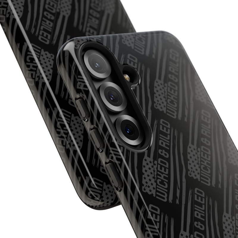 Rugged black protective phone case by Printify with a tough cases text pattern, showcasing its durable design.