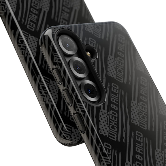 Rugged black protective phone case by Printify with a tough cases text pattern, showcasing its durable design.