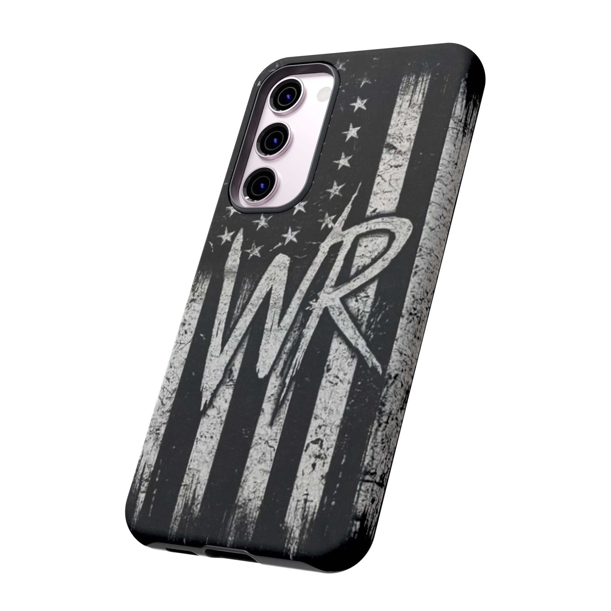 Distressed American flag phone case featuring a monogram WR, designed by Printify for tough protection.