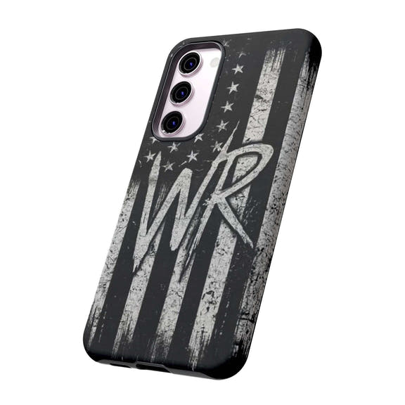 Distressed American flag phone case featuring a monogram WR, designed by Printify for tough protection.