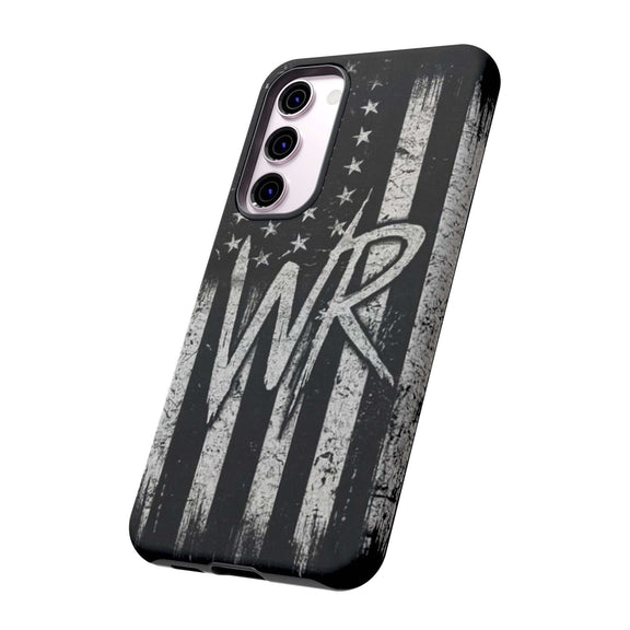 Distressed American flag phone case featuring a monogram WR, designed by Printify for tough protection.