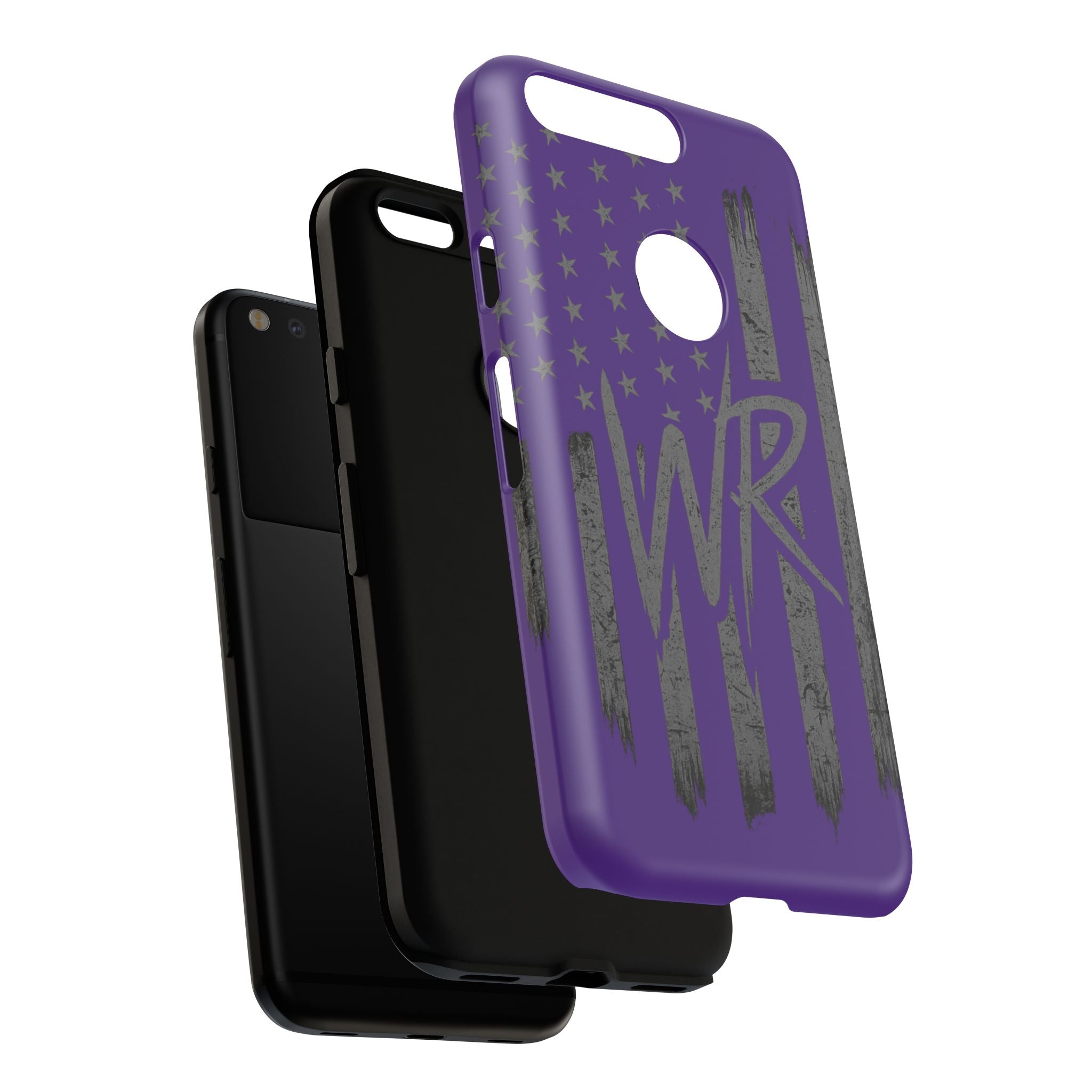 Purple 'WR' flag tough phone case by Printify, showcasing durable design and vibrant colors on a smartphone.