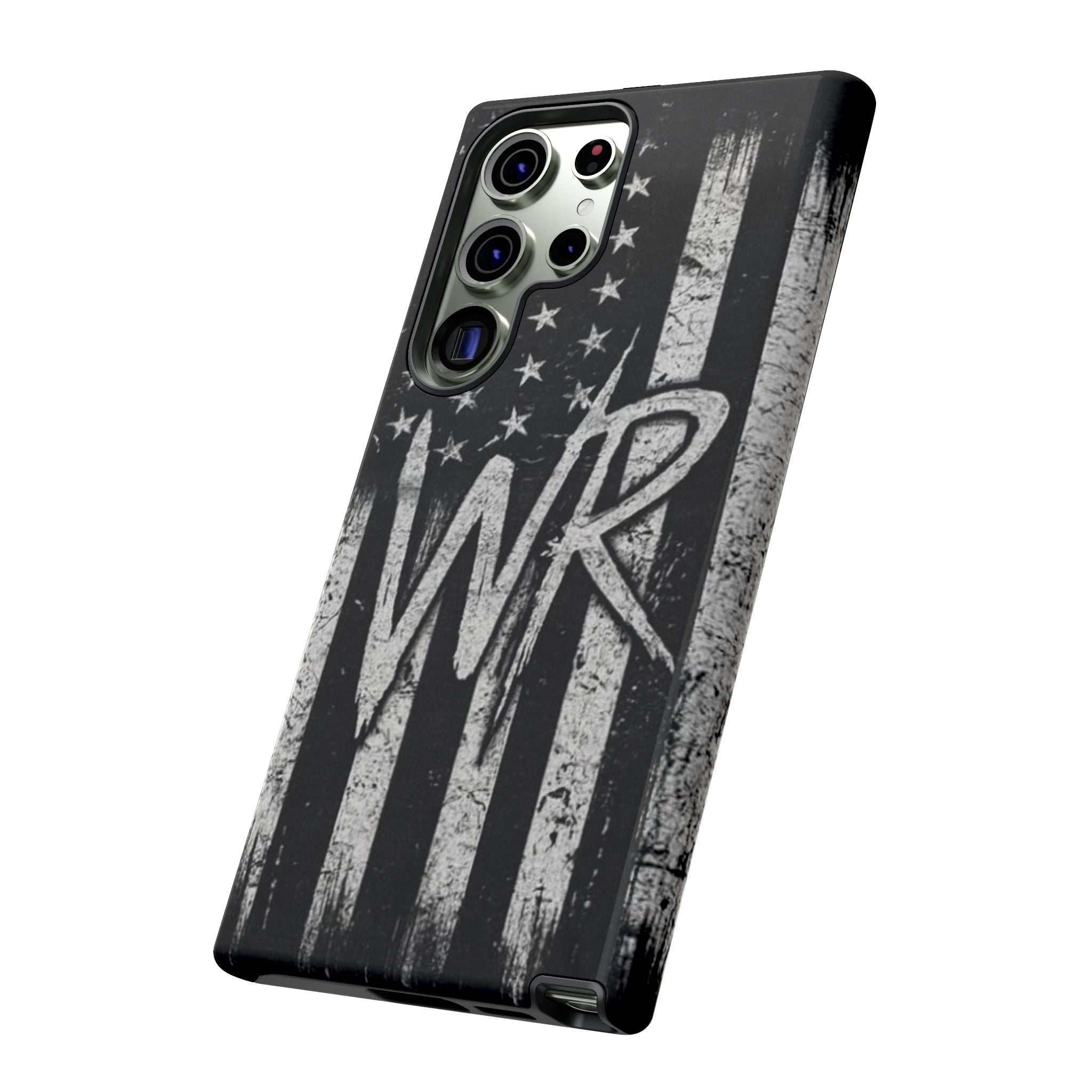 Distressed American flag design on a Patriotic Monogram Tough Phone Case featuring the initials WR by Printify.