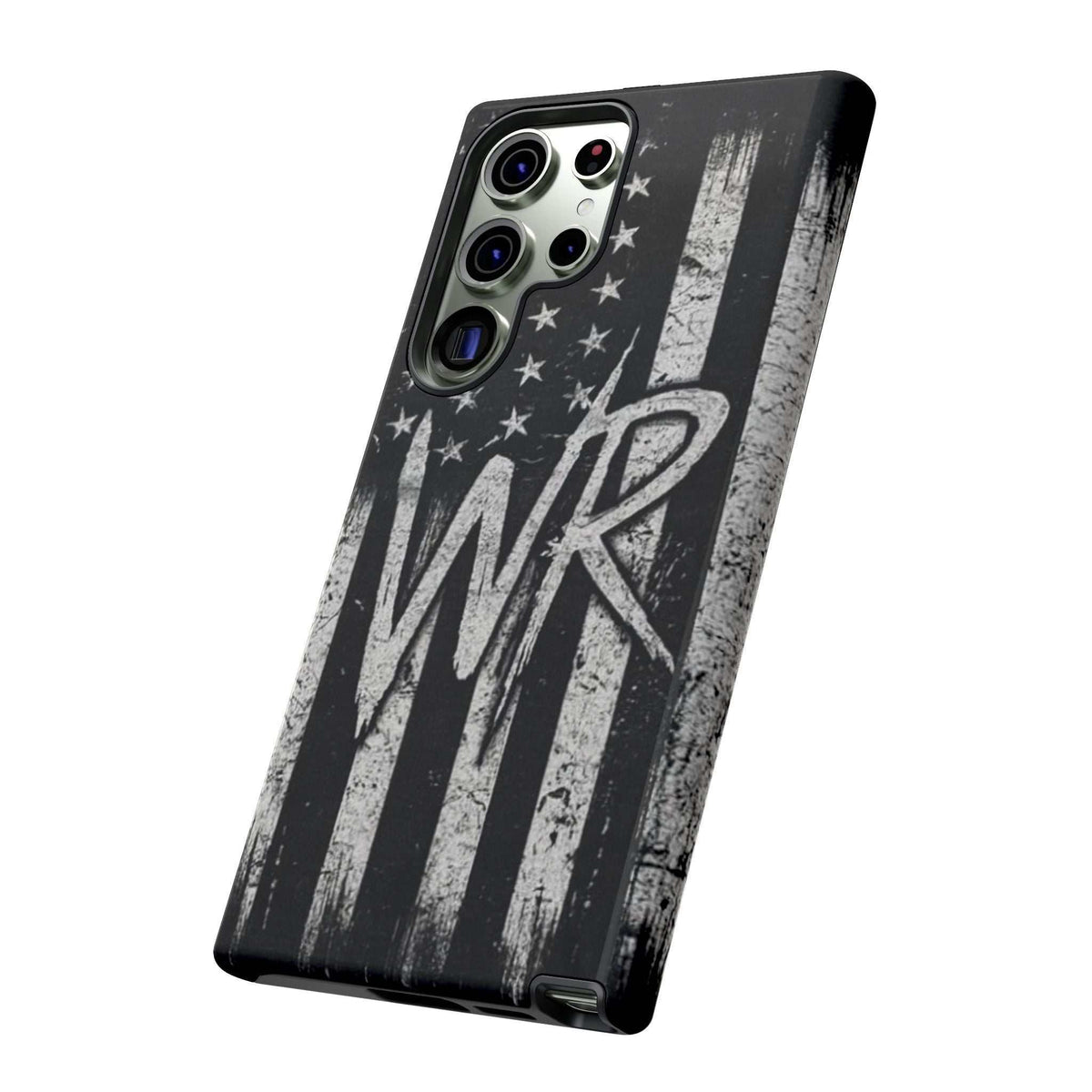 Distressed American flag design on a Patriotic Monogram Tough Phone Case featuring the initials WR by Printify.
