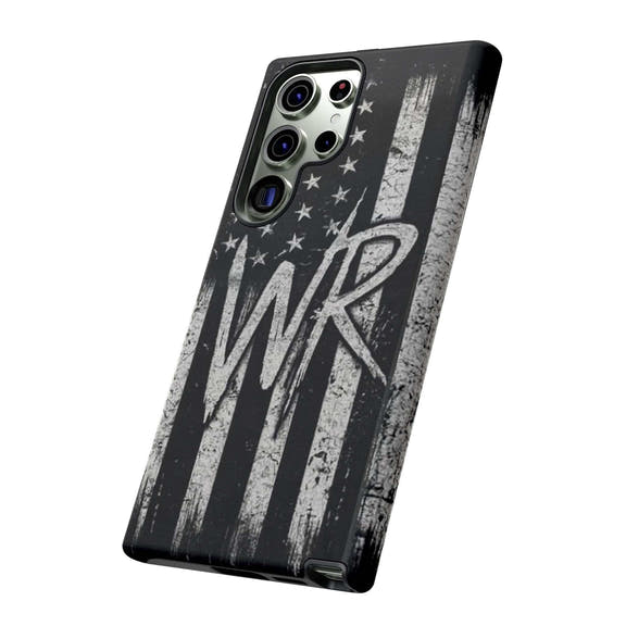 Distressed American flag design on a Patriotic Monogram Tough Phone Case featuring the initials WR by Printify.