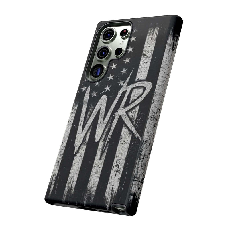 Distressed American flag design on a Patriotic Monogram Tough Phone Case featuring the initials WR by Printify.
