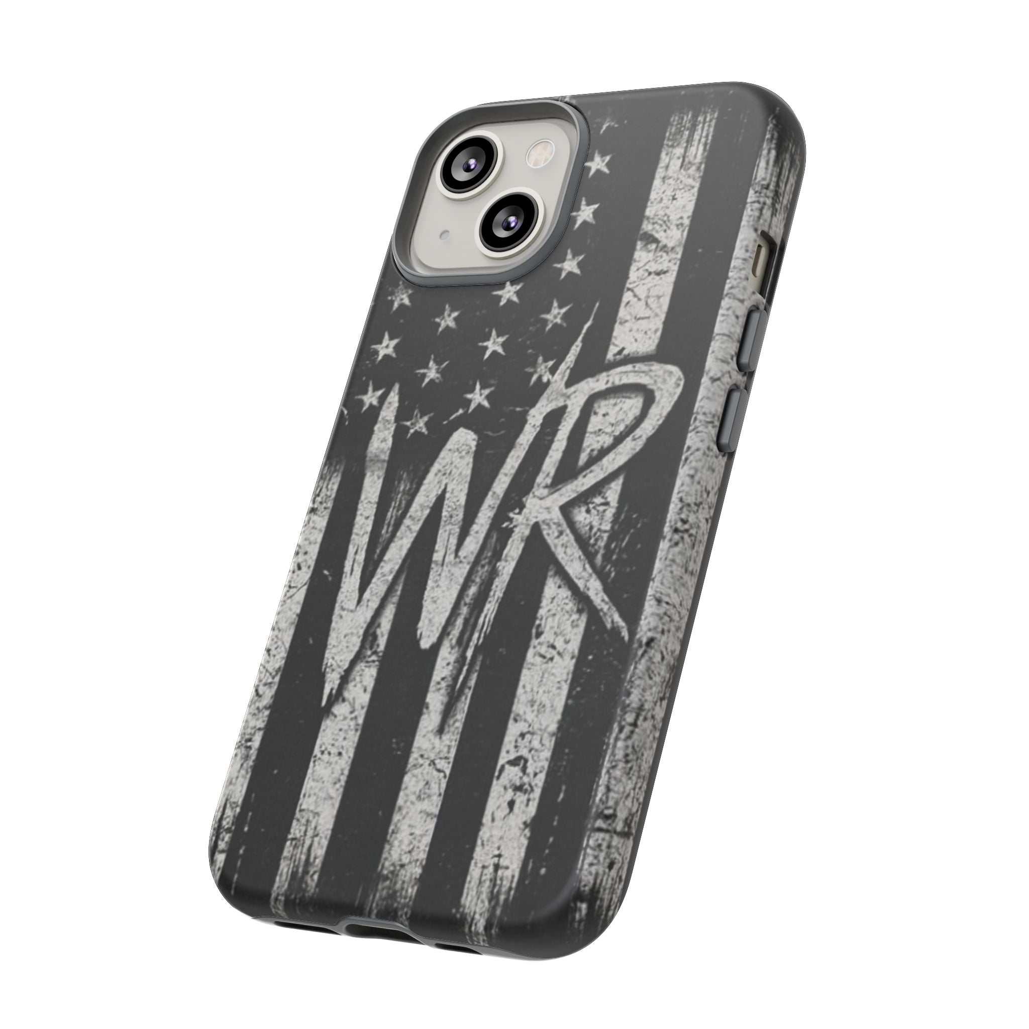 Patriotic monogram tough phone case with distressed American flag design and initials WR by Printify.