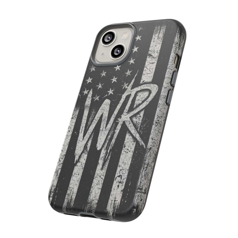 Patriotic monogram tough phone case with distressed American flag design and initials WR by Printify.