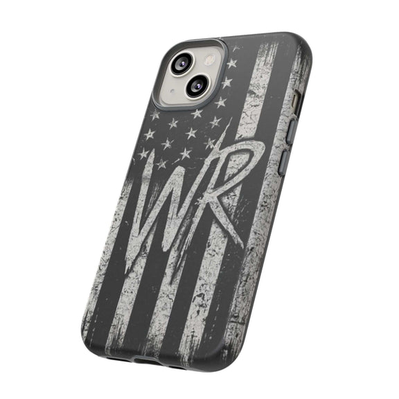 Patriotic monogram tough phone case with distressed American flag design and initials WR by Printify.