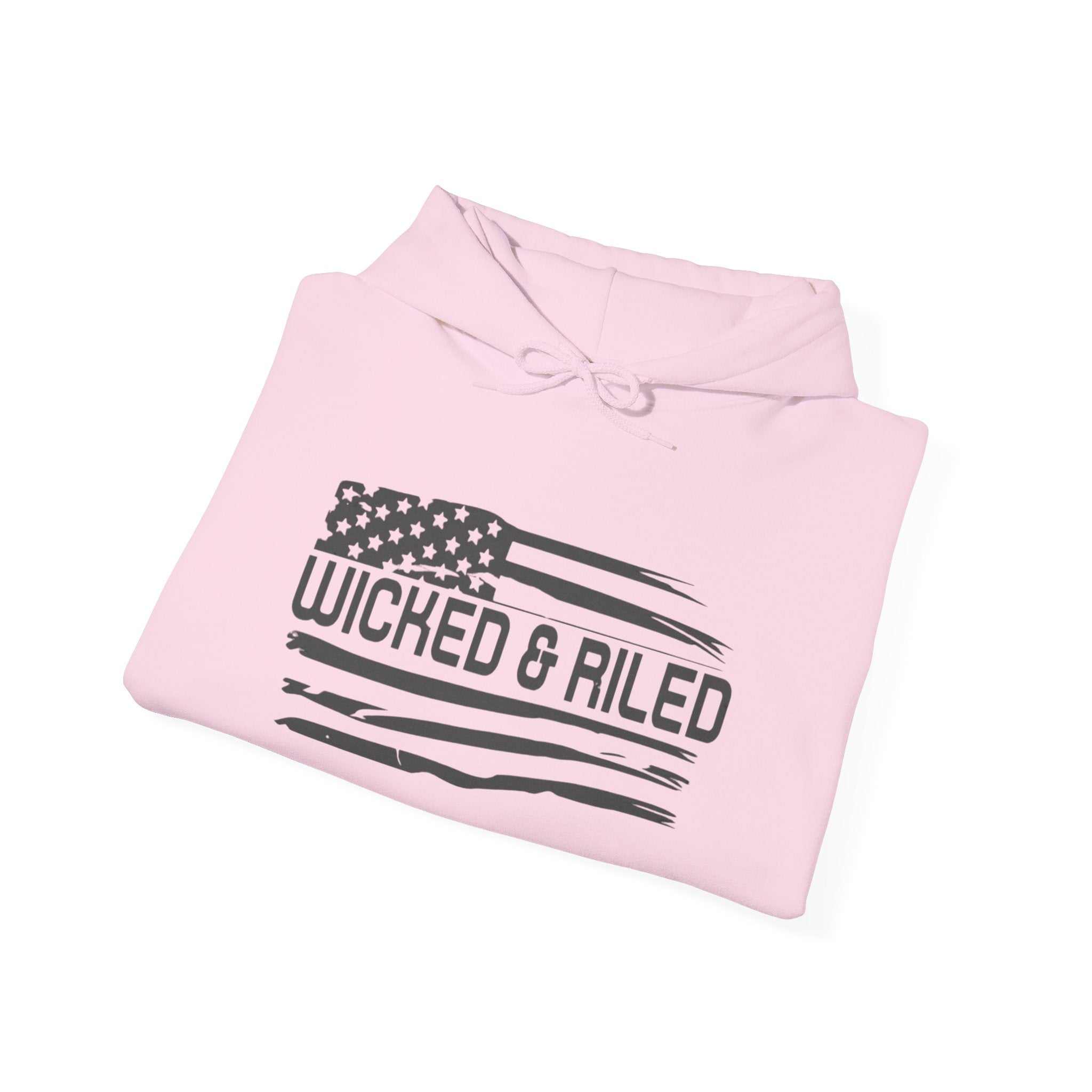 Wicked & Riled Printify hoodie featuring a distressed American logo pullover design in a casual fit.