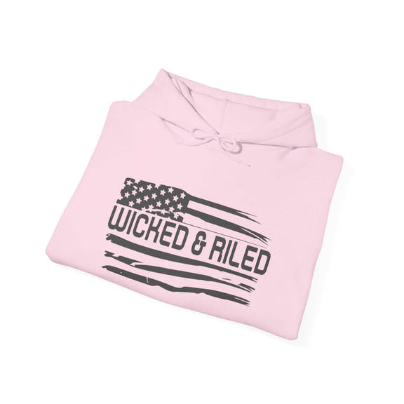 Wicked & Riled Printify hoodie featuring a distressed American logo pullover design in a casual fit.