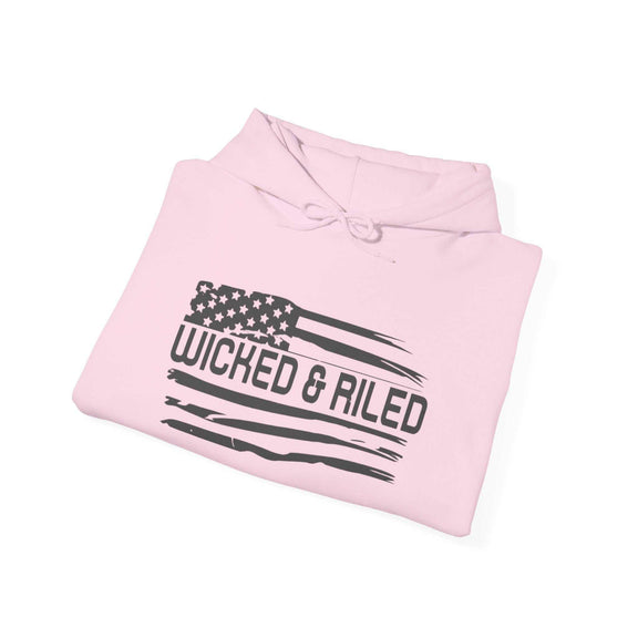 Wicked & Riled Printify hoodie featuring a distressed American logo pullover design in a casual fit.